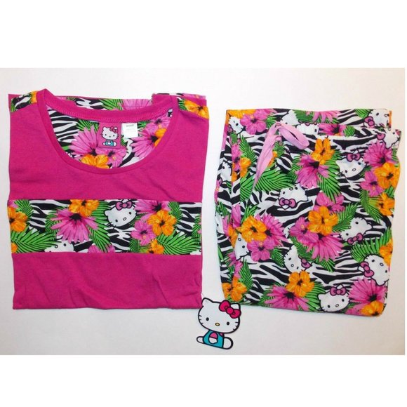 Sanrio Hello Kitty "Tropical Escape" Lounge Set Pajamas S,M,L,Hot Pink/Zebra - Picture 2 of 5